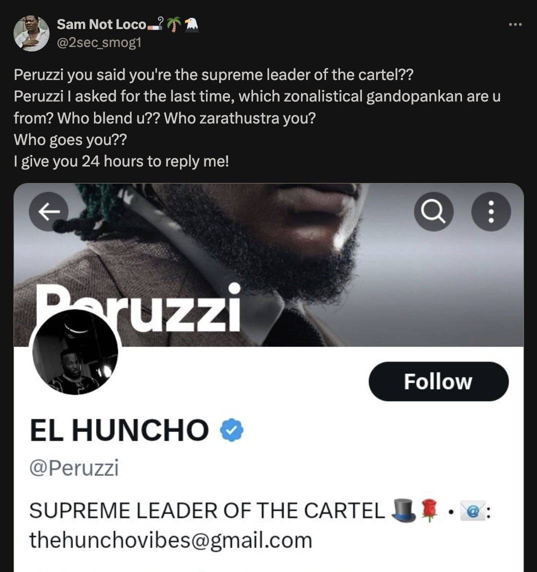 "Who blend you?" - Peruzzi called out over 'Supreme Leader of Cartel' title